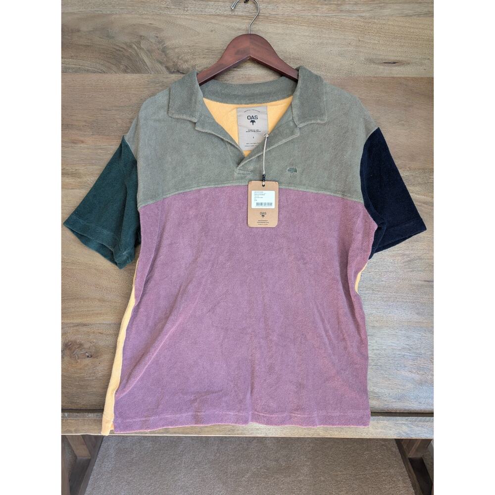 OAS Field Terry Polo Shirt Mens Large Green Purple Yellow Performance 700355 NWT